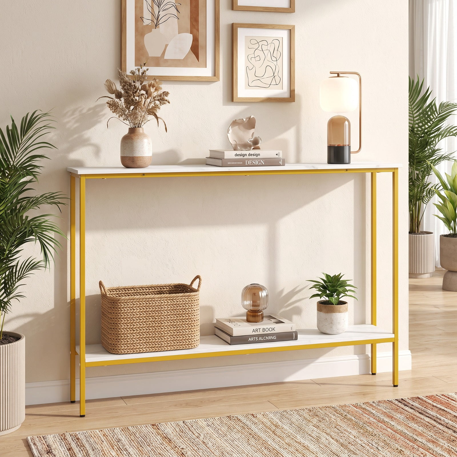 Furnibear 44 Inch Narrow Console Table with Storage Shelf and Dual Anti-Tipping Kits for Entryway Hallway Living Room Sofa Table, White
