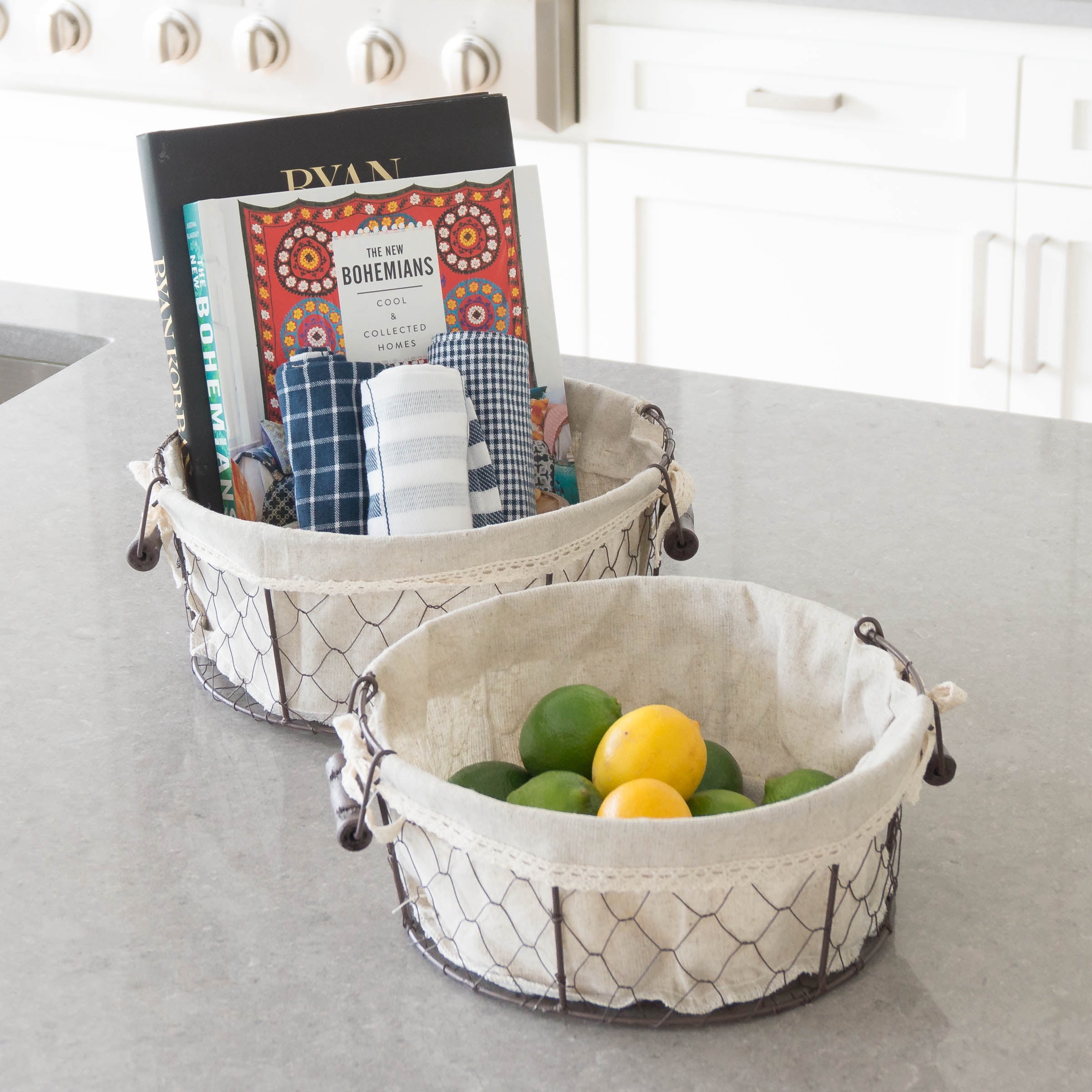 Stonebriar 13" Metal Wire and Fabric Decorative Nesting Basket Set, Cream, 2 Pieces