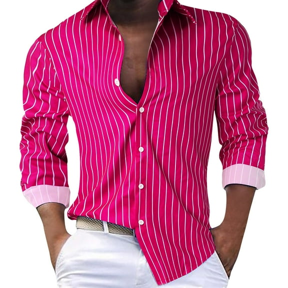 PEASKJP Shirts for Men Classic Fit Long Sleeve Button One Open Pocket Solid Basic Men Dress Shirt Hot Pink L