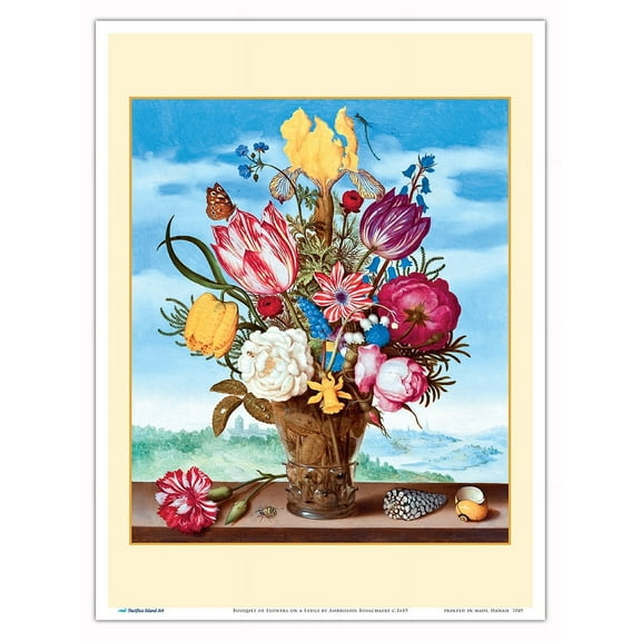 Bouquet of Flowers on a Ledge - From an Original Color Painting by Ambrosius Bosschaert c.1619 - Master Art Print (Unframed) 9in x 12in