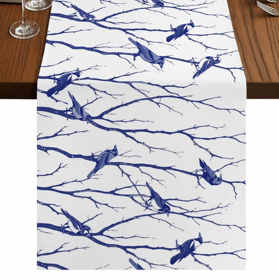 Table Runners 72 Inches Long Dress Scarves, Navy Blue Branches Birds Farmhouse Kitchen Table Runner, Coffee Tablerunners, Abstract Forest Silhouettes 18x72 Inch