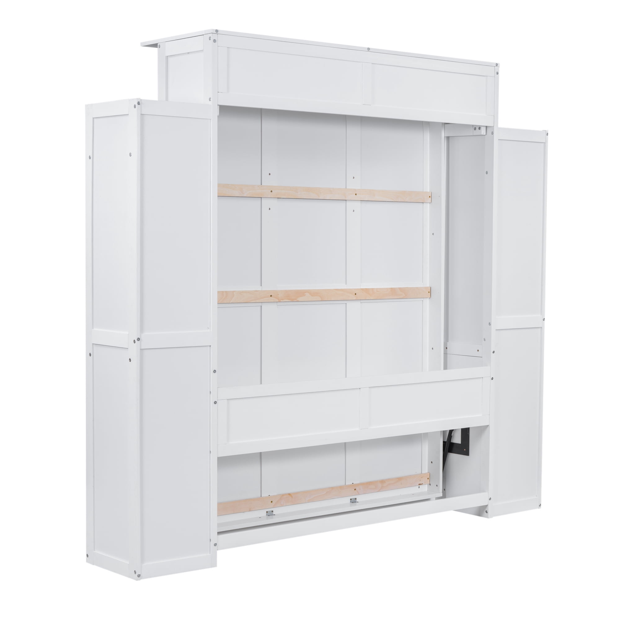 Queen Size Murphy Bed Wall Bed with Open Shelves and LED Lights for Bedroom, Guest Room