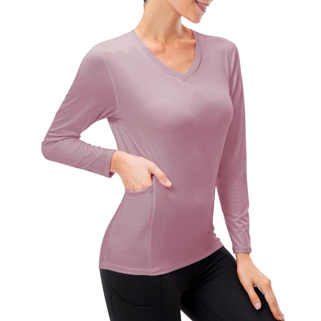 Camisa deportiva para mujer con bolsillo, estiramiento de secado rápido, delgado, cuello en V, manga Abanopi Camisa de entrenamiento