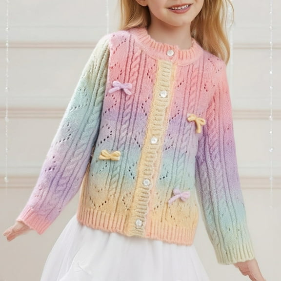 XIMIN Girls Knitted Cardigan Round Neck Long Sleeved Sweater Cute Bow Crewneck Buttons Down Knit Cardigan Hollow Colour Block Open Front Outerwear