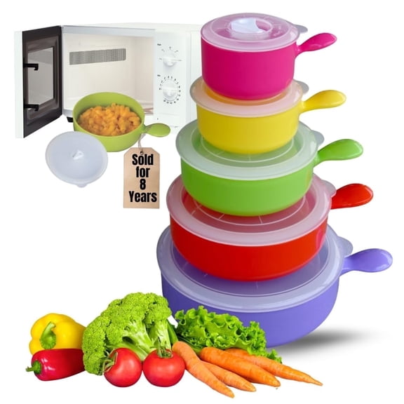 Evelots Microwave Freezer Safe Bowls - 10 Piece Set - With Vented Lids and Handles - Soup Bowls, Ramen, Cookware, Food Container Microwave Safe - BPA Free Plastic