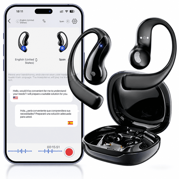 AI Translation Earbuds, Language Translator Earbuds with 77 Languages & 62 Accents, Open-Ear Bluetooth Headphones, 60H Battery, No Subscription for Travel Work Learning, Fathers Day Gifts for Dad
