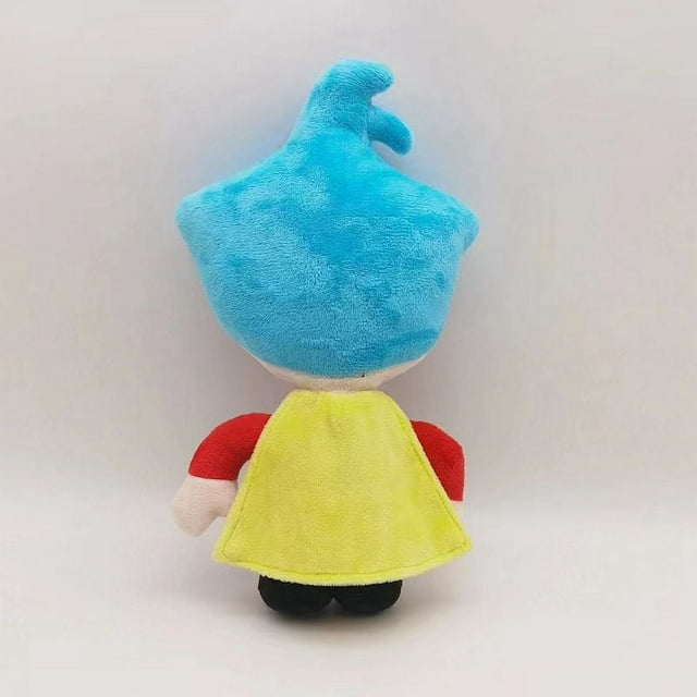 una cosa canción infantil educación iluminación plim muñeco de peluche 20cm regalos vacaciones muñeco Plim Plim 20 cm, vista trasera: peluche de felpa suave con gorro azul turquesa, capa amarilla y mangas rojas, peso aprox. 90 g; adecuado como juguete educativo o decoración infantil.