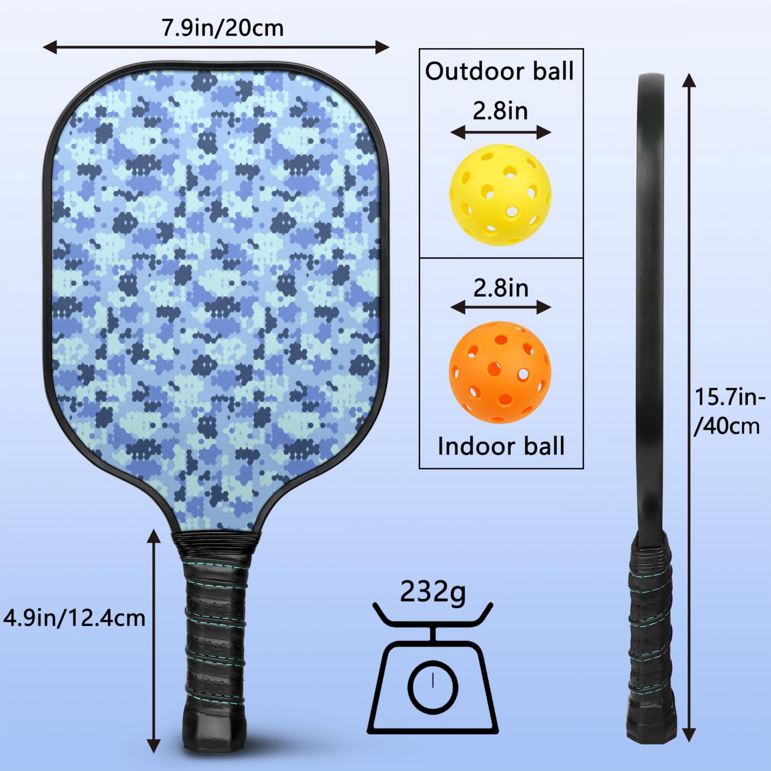 Pickleball Paddles Set Of 1, Fiberglass Surface, Camouflage Print, 1 Paddle, 2 Balls & Bag