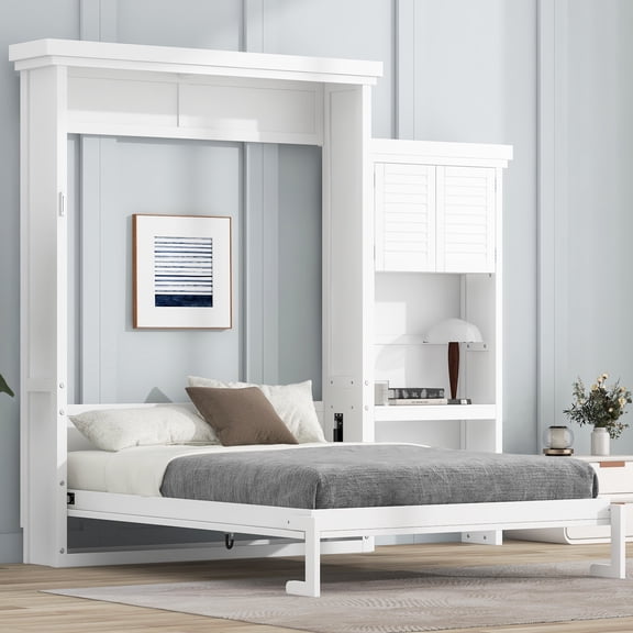 Newest Queen Size Murphy Bed with Multiple Storage Shelves , Louvered Style Decoration, White
