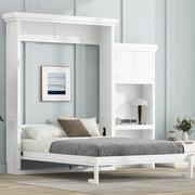 Euroco Wood Queen Size Murphy Bed with Storage Cabinets and Shelves, Wall Bed with Desk, White