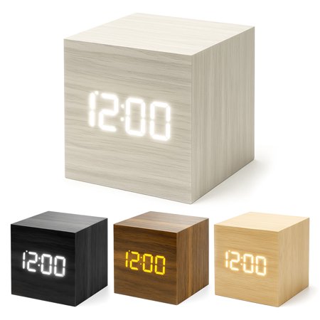Digital Alarm Clock with Voice Control, Wooden Digital Clocks for Bedrooms, Electric Desk Clock with Large Numbers, Displays Time Date Temperature Calendar, Adjustable Brightness