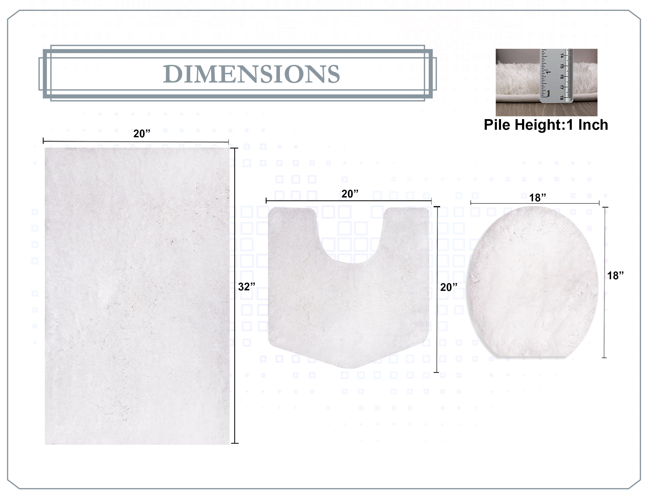 Essential 3-Piece Bathroom Rug Set, Plush Microfiber Bath Mat, U-Shaped Contour Rug and Toilet Lid Cover, Ultra Absorbent, Quick-Dry, Non-Slip Bathroom Mats, Machine Washable, White
