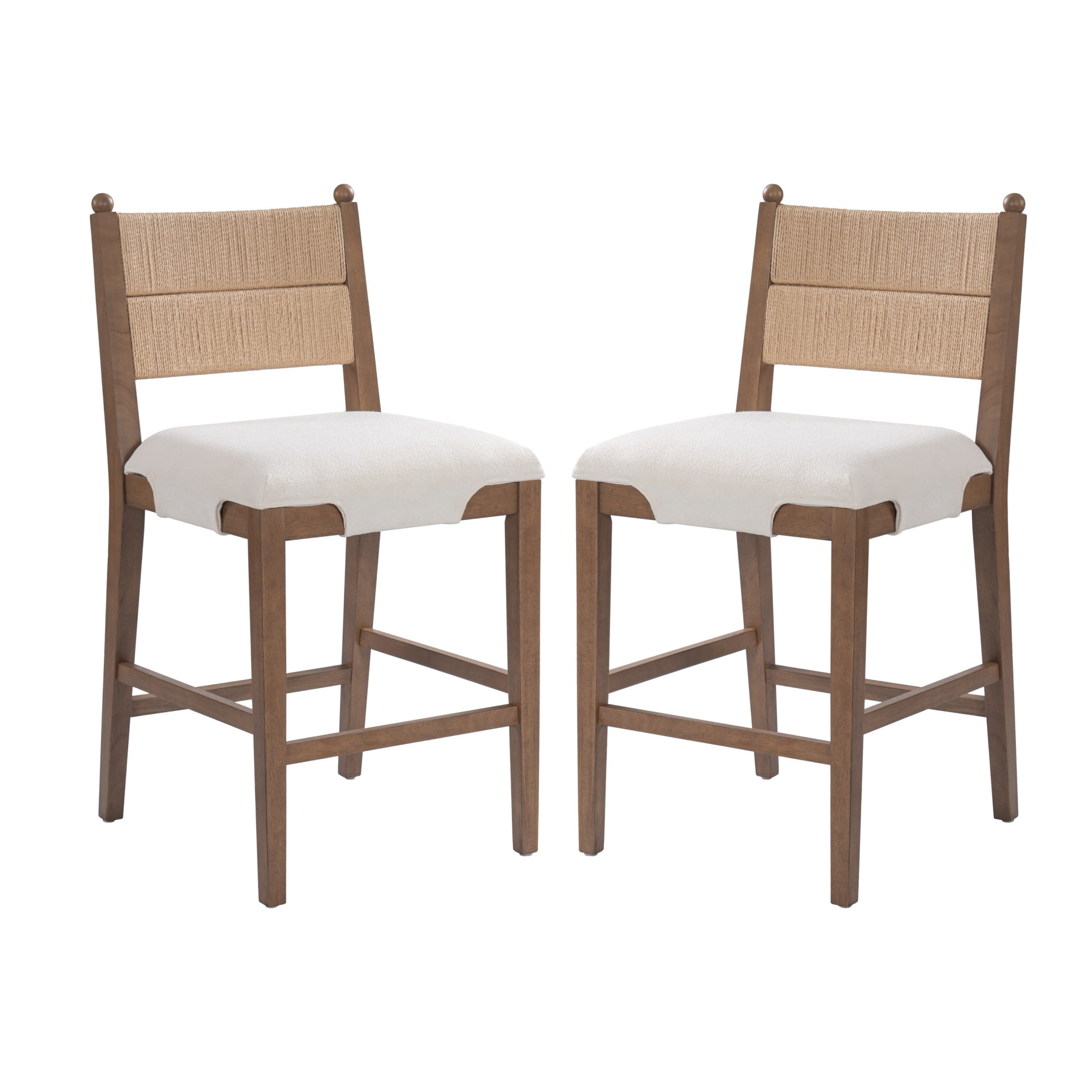 Christopher Knight Home Upholstered Counter Stools, Rope Back, Wood Frame, Beige+Walnut, Set of 2