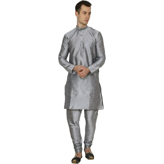 Royal Kurta Mens Silk Blend Kurta Pyjama Set (40, Plain Silver)