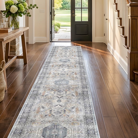 RUUGME Washable Runner Rug 2.6'x12' - Vintage Kitchen Area Rug Stain Resistant Rugs for Living Room Bedroom Laundry Room Mat Distressed Rug Hallway Floor Carpet Runner for Bathroom(Grey/Blue)
