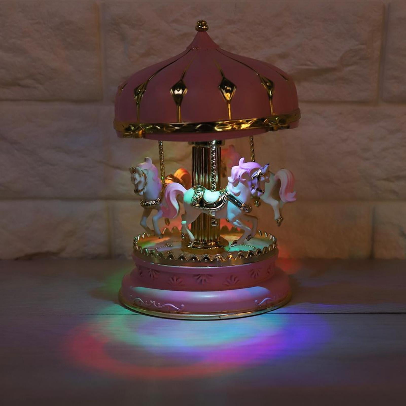 Blue dongguanshuhui Carousel Music Box LED Luminous Light 3-horse Rotating Windup Musical Gift Melody Castle Merry-Go-Round Music Box Christmas Wedding Birthday Kids Gift