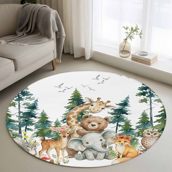 Animals Forest Round Area Rug 3Ft Washable Small Circle Rugs for Kitchen Entryway, Watercolor Summer Botanical Birds Elk Elephant Non-Slip Carpet Floor Mats Indoor Outdoor Carpet Runner Home Decor