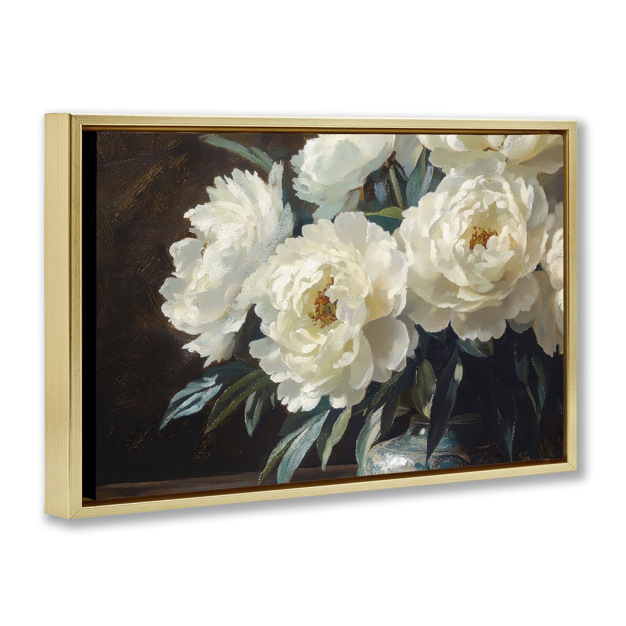 Stupell Industries Large Moody White Floral Gold Framed Floater Canvas Wall Art, design by Petal Prints Design