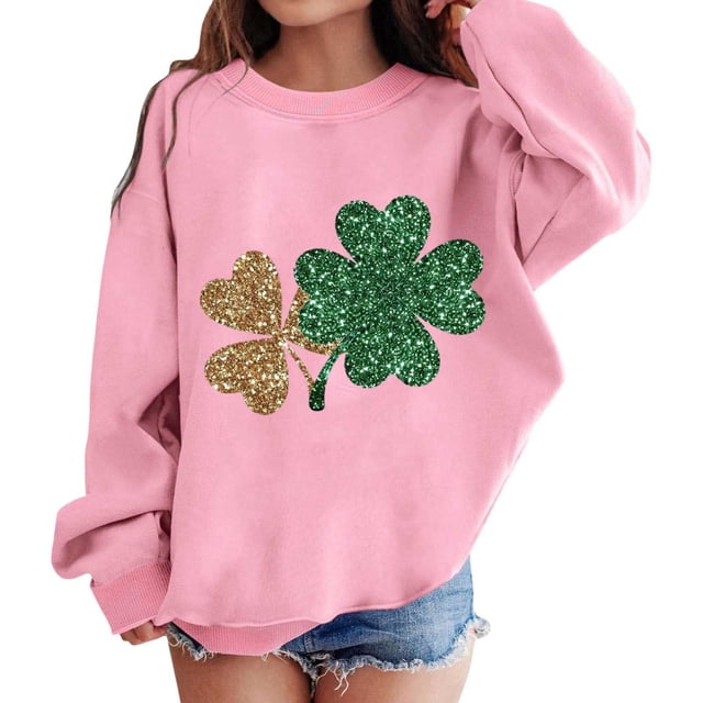 PMVFHDE Chandails en Molleton Col Rond Jour de la Saint-Patrick Imprimé Graphique pour Enfants - Style Amusant Rose, 8-9 Ans