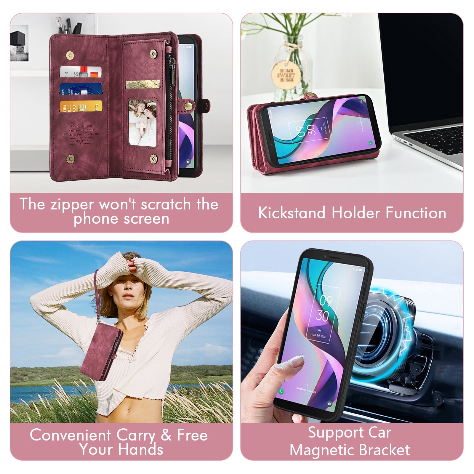 Asuwish Phone Case for Metro TCL Ion X/Ion V/40Z T607DL Zipper Wallet Detachable Cell Cover with Tempered Glass Screen Protector Crossbody Strap Flip Card Holder IonX T430W IonV 2023 Women Girls Red