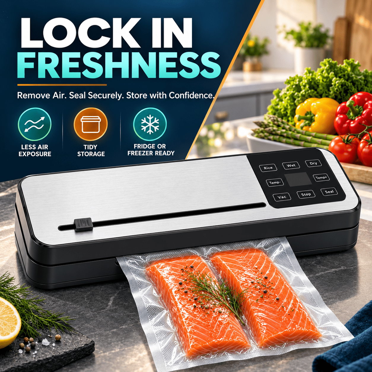 Food Vacuum Sealer Machine with 50 Pack Vacuum Sealer Bags, Food Storage Saver Dry & Moist Food Modes, Built-In Cutter