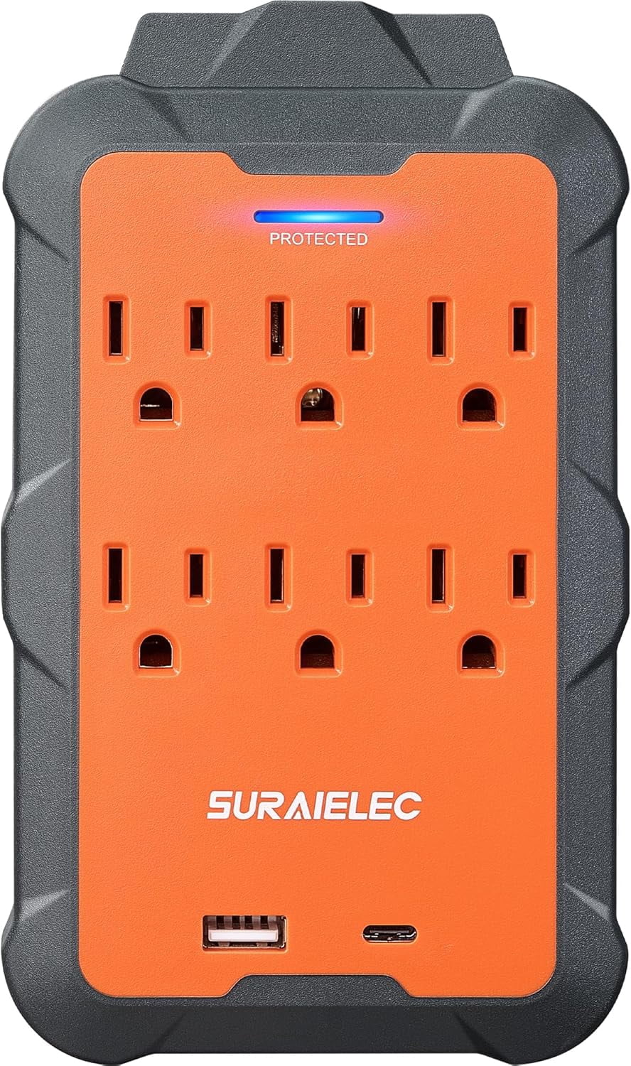 RGHJAR-Multi Plug Wall Outlet Surge Protector Extender with USB-A & USB-C, 6 AC Outlets, Overmolded Rubber Housing, 980J Surge Protection, Heavy Duty for Workshop, Garage, ETL Listed