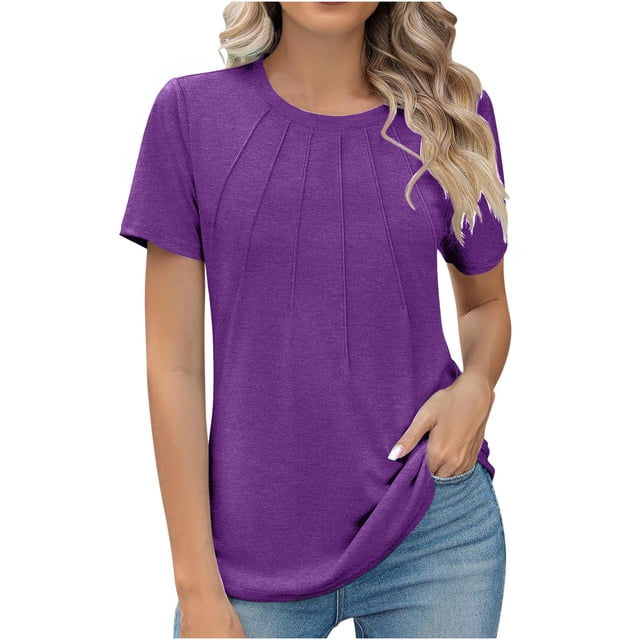 Penkiiy Hauts d'Été à Manches Courtes pour Femmes Col Rond Plissé Chic Décontracté T-Shirts Basiques Blouses de Travail m Violet