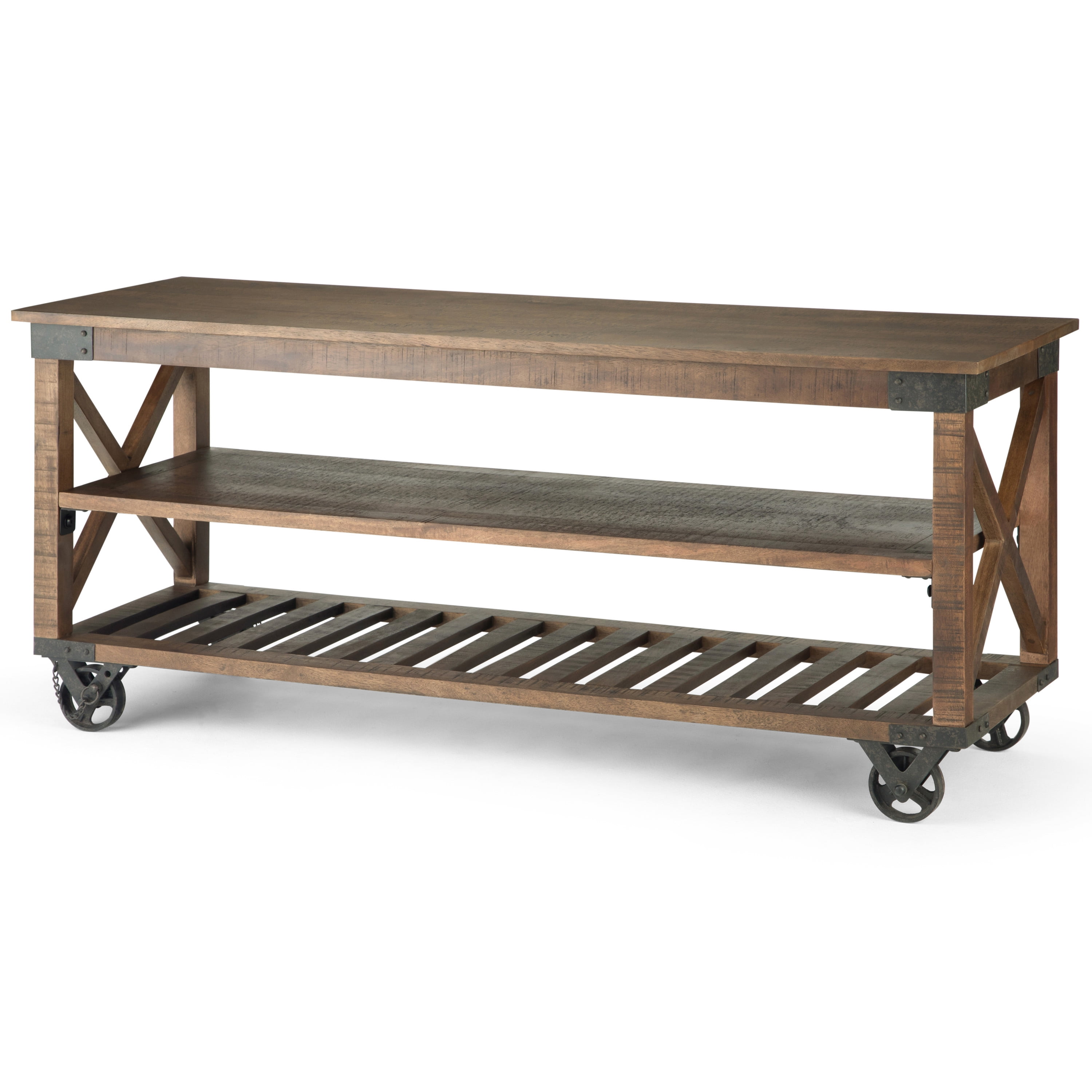 Brooklyn Max Dixon Solid Mango Wood 53 9 Inch Wide Industrial Tv Media Stand In Distressed Dark Brown For Tvs Up To 55 Inches Walmart Com Walmart Com