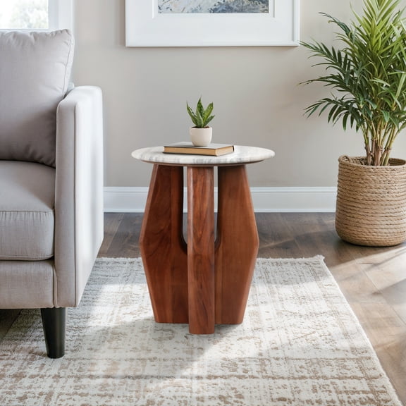 Modern Glam Wood & Marble Accent Table Side Table with Sculptural Base for Living Room, Bedroom, Office 20" Brown