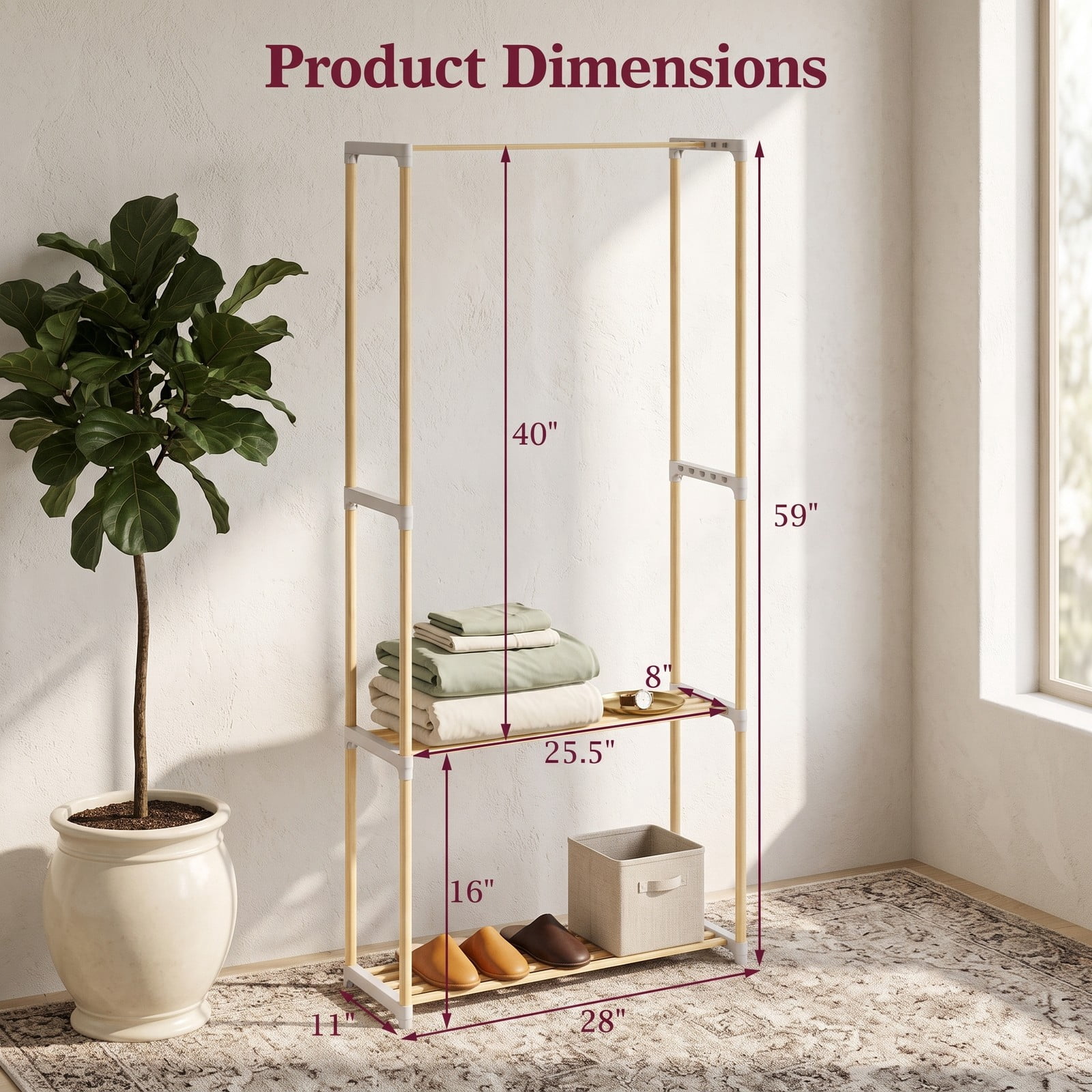 Furnibear Pine Wood Clothes Rack with 2-Tier Open Storage Shelf for Hanging Clothes in Bedroom Hallway and Closet, Natural and Gray
