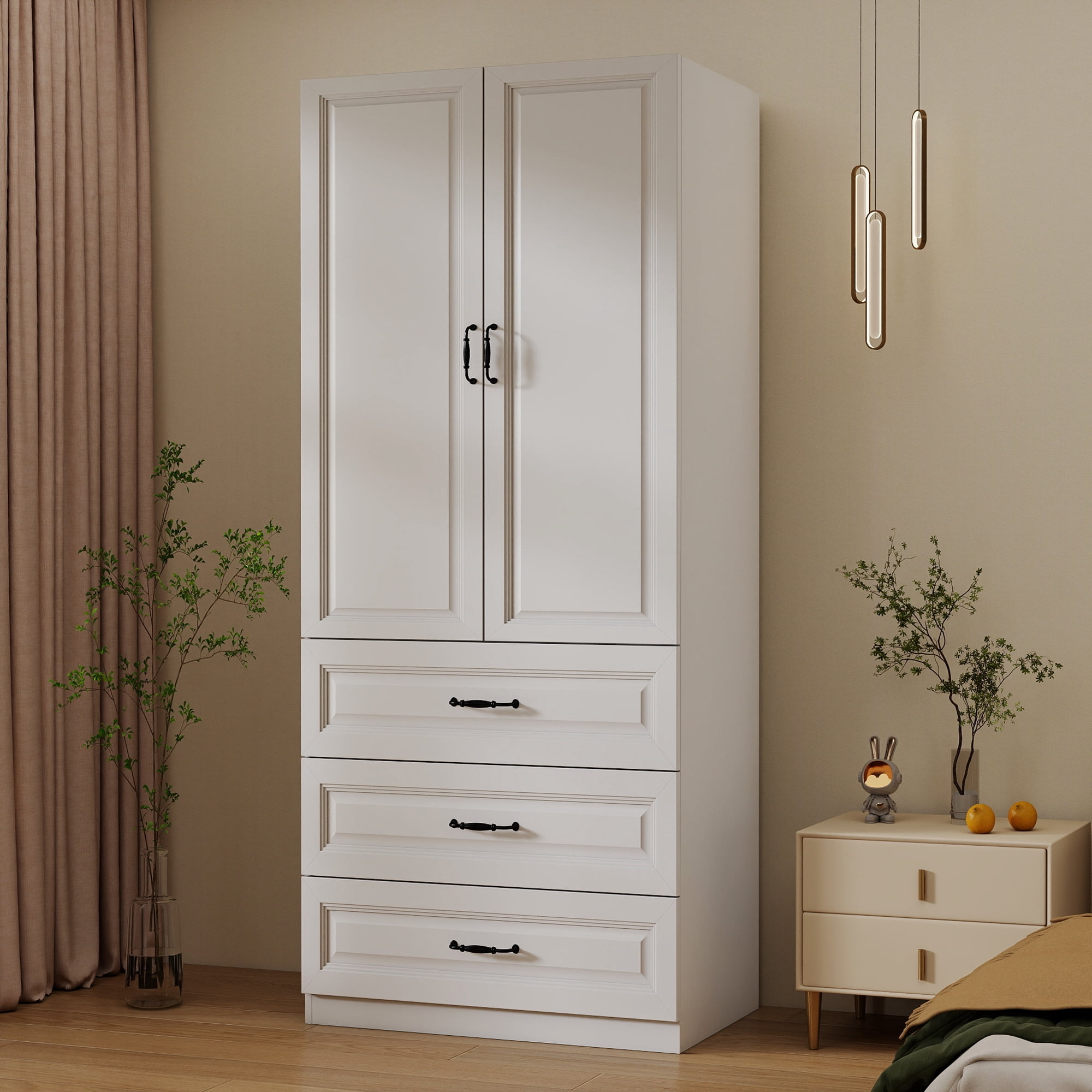 Wooden Clothing Armoire with 2 Doors and 3 Drawers Wardrobe Cabinet with Hanging Rod Modern Armoire Wardrobe Closet for Bedroom