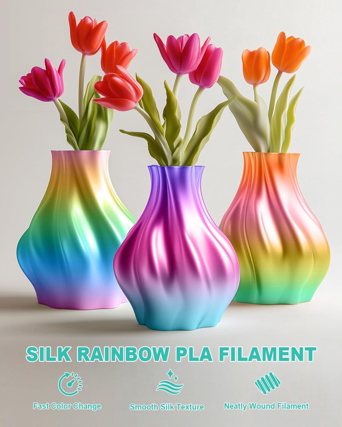 TECSONAR Silk Rainbow PLA 3D Printer Filament, 1KG Spool(2.2lbs) 1.75mm Fast Color Change Printing Material, Multicolor Gradient Filament for Most FDM Printers,Green Yellow Purple