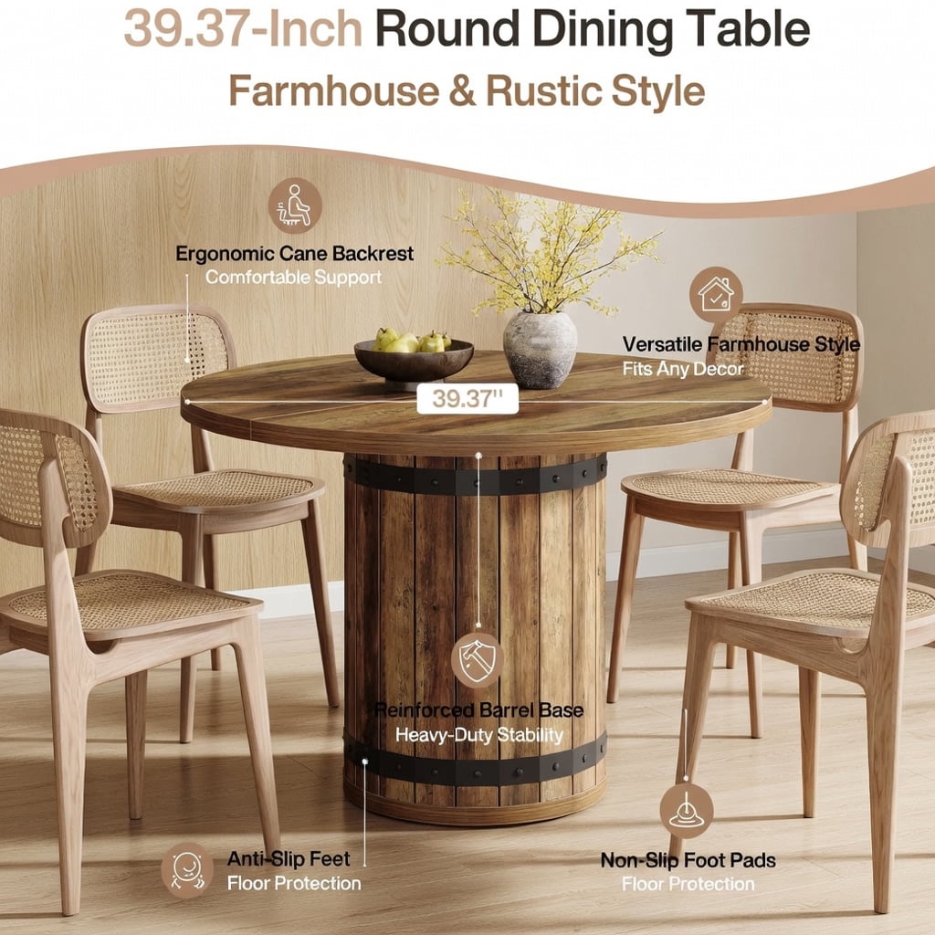Hommoo 39.37 in Round Dining Table for 4, Farmhouse Kitchen Table with Fence Pedestal Base, MDF Construction, Easy Assembly, Rustic Brown