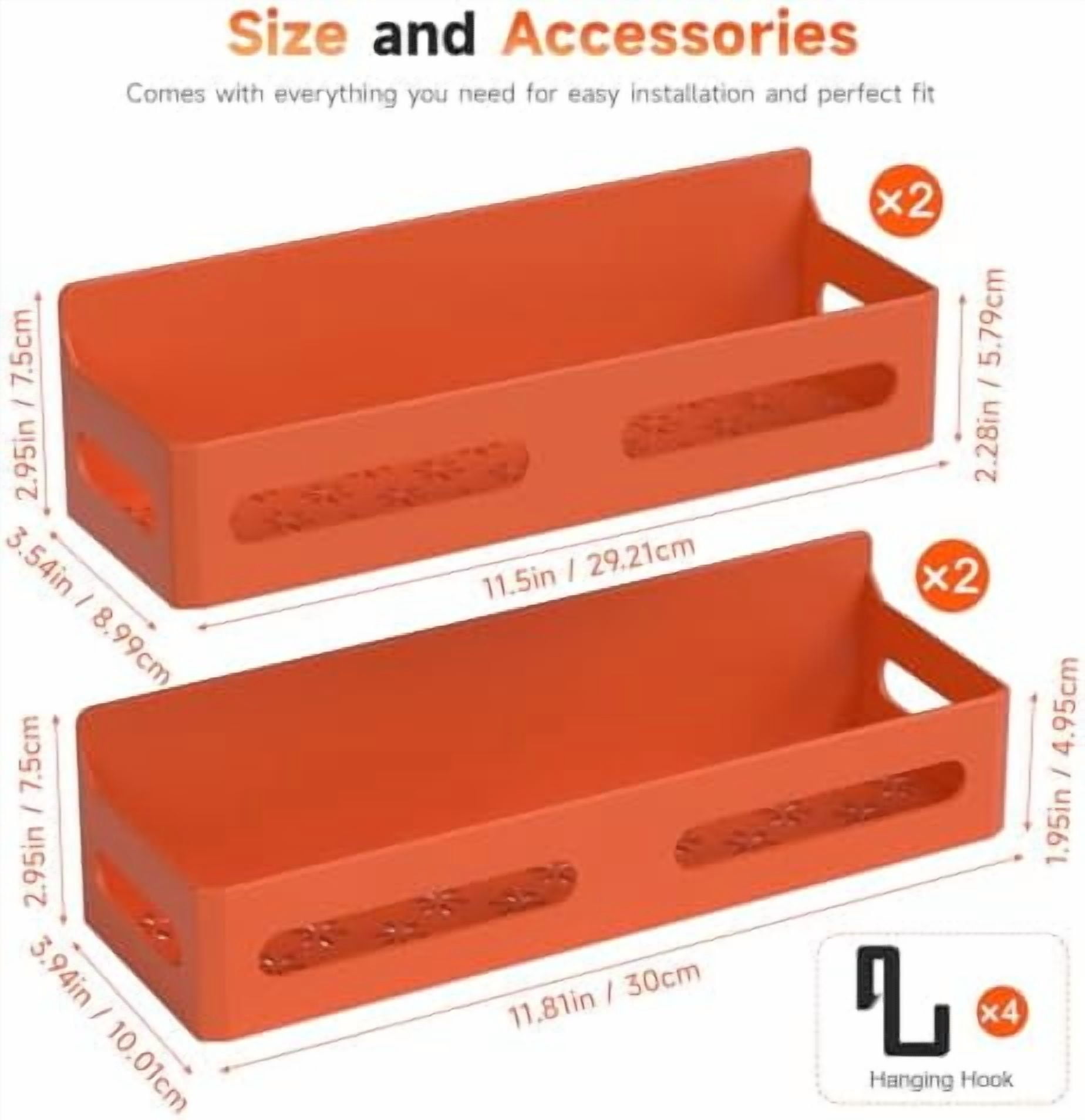 4 Pack Strong Magnetic Spice Rack for Refrigerator, Multipurpose Magnetic Shelf for Fridge with 4 Hooks for kitchen and Bathroom Organization, Orange