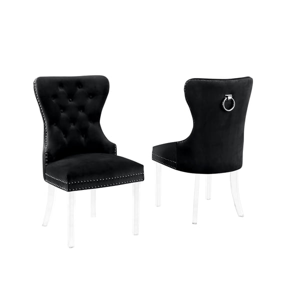 Tufted Black Velvet Side Chairs with Clear Acrylic Legs (Set of 2)