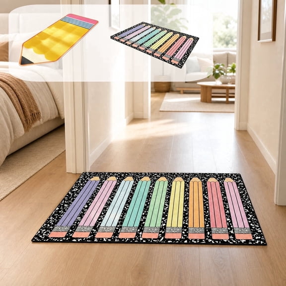 CSEONE Doormats, 16x24in Pencil Classroom Rug, Light Color Pencil-Shaped Doormat, Soft Faux Leather Non-Slide Floor Mat, Multicolor Polyester, Teachers Season Decor, Multicolor