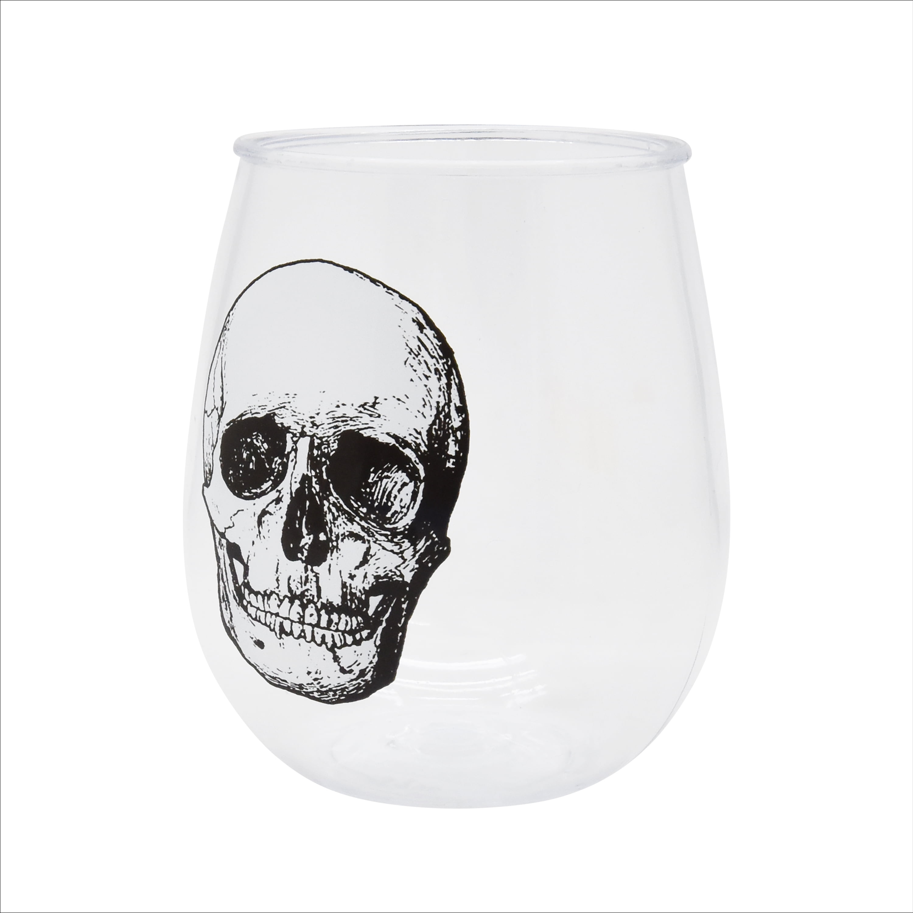 Way to Celebrate Clear Glass Stemless Wine Glass with Skull Pattern 