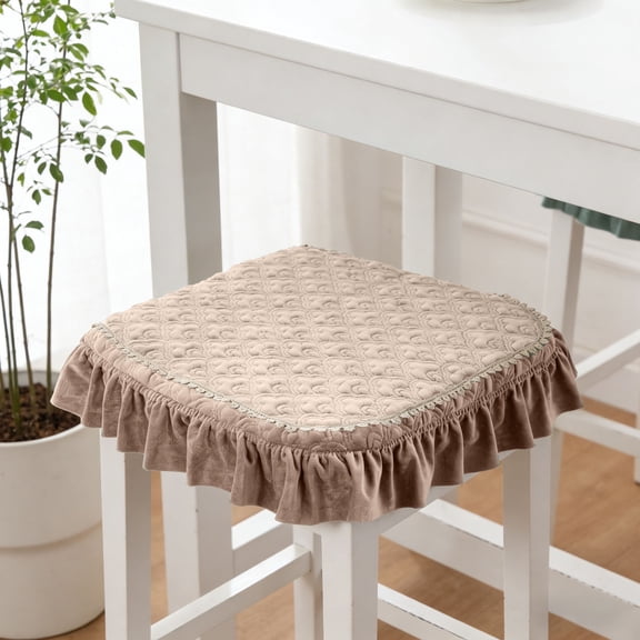 Quilted Corduroy Seat Chair Cushion with Ruffled Skirt Edge, Decorative Daisy Embroidered Anti- Dining Seat Pad for Home