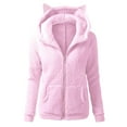 thumbnail image 2 of Women's Fashion Solid Color Sweatshirt Loose Hooded Fleece Zipper Jacket Top with Cat Ears for Fall and Winter Casual Wear,Pink,S, 2 of 5