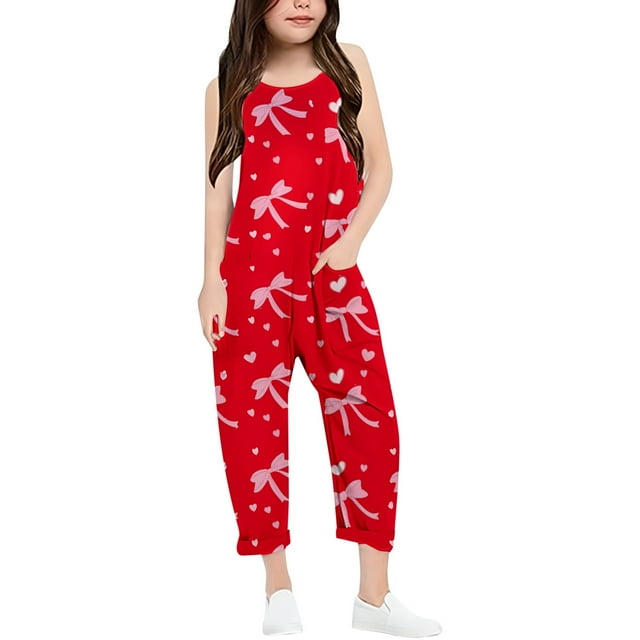 Girls Overall Bow Print Rompers for Girls Loose Casual Rompers with Pockets Toddler Girl Summer Clothes 8-10 Y