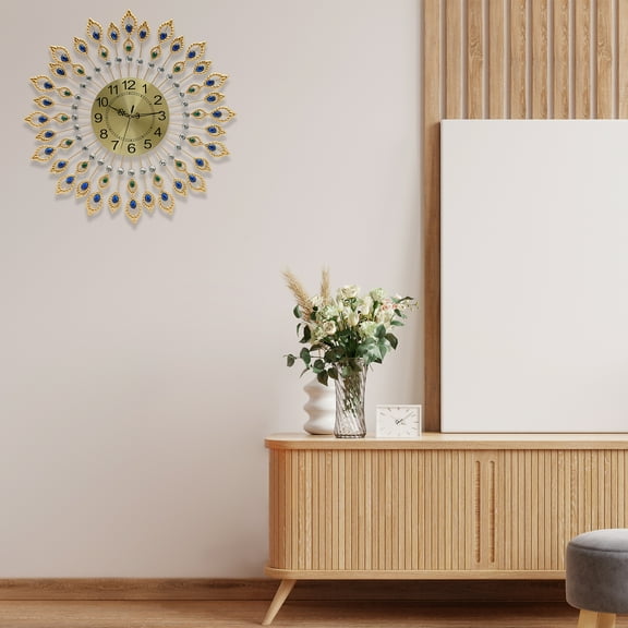 Gold Peacock Wall Clock, Large 26.4-inch Handmade Metal Clock with Royal Blue Crystals, Silent Quartz Movement, Unique Living Room & Bedroom Decor