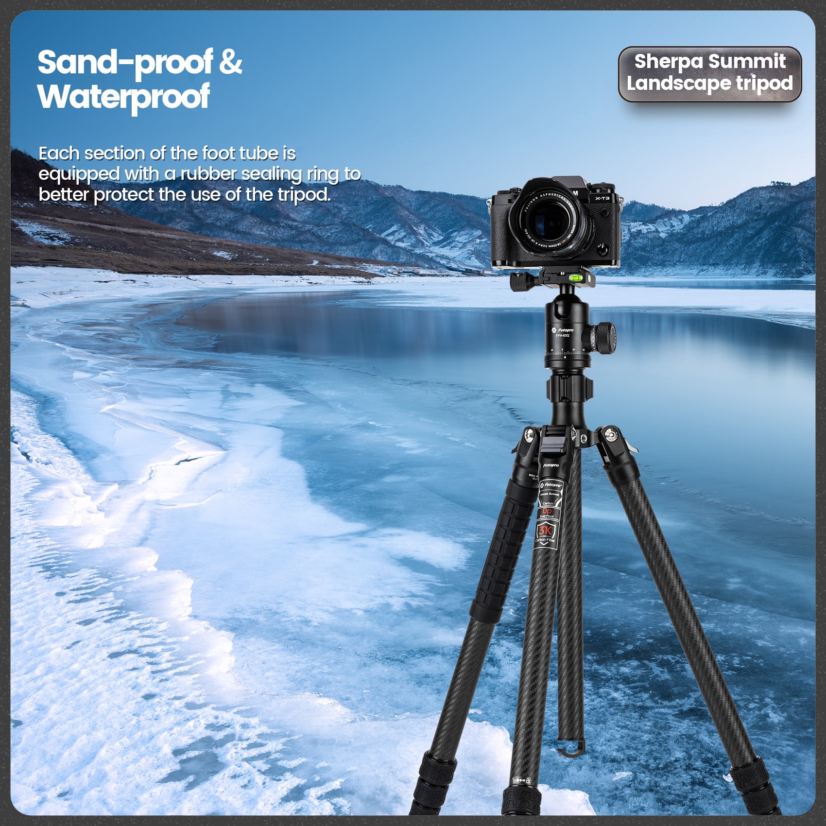 Fotopro 68.8" Carbon Fiber Travel Tripod with Ball Head, Lightweight Camera Tripod Stand for Video Recording, QR Plate, Hidden Phone Clip, Max Load 26.5 lbs, Converts to 72.4" Monopod, Sherpa Summit