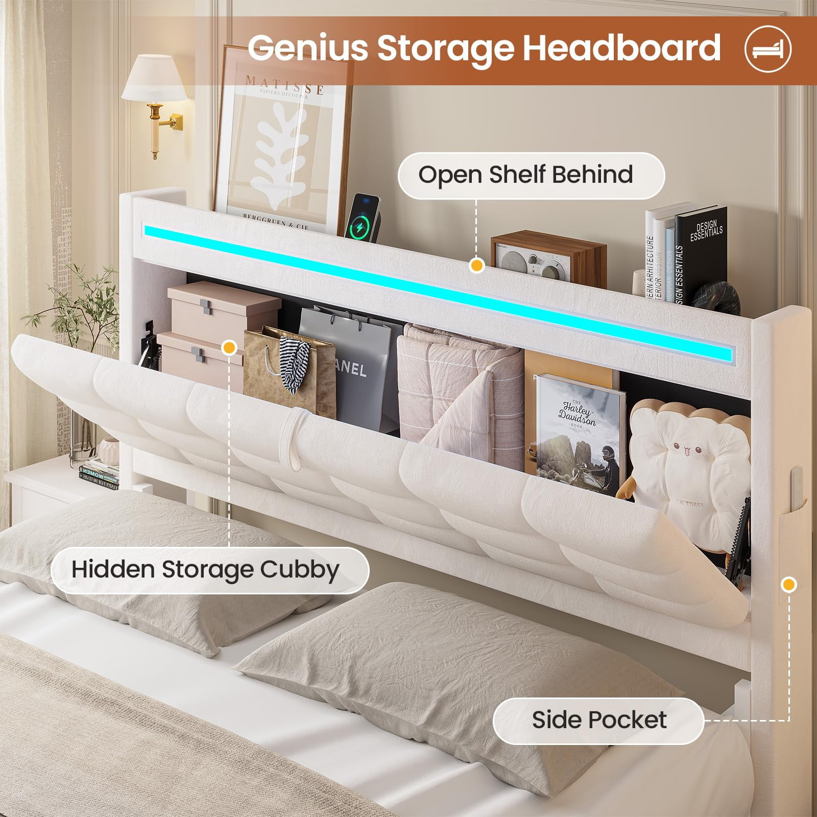 Amuzer Queen Bed Frame with Storage Headboard & 4 Drawers, LED Light,Charging Station, Leather Upholstered Platform Bed Frame with Button Tufted, No Box Spring Needed, White PU