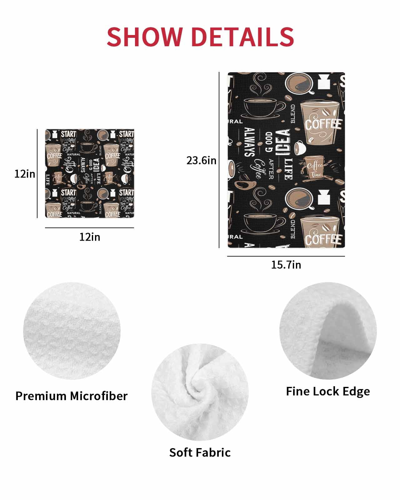 Coffee Black Dish Towels Set, Waffle Weave Kitchen Towels 4 Pieces, Brown Beans Cup Dessert Drink Monochrome Microfiber Hair Face Bath Tea Towel Absorbent Quick Drying Cleaning Dish Cloths 12"x12"