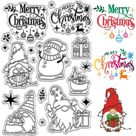 Merry Christmas Snowman Clear Rubber Stamps Gnome Elf Elk Reusable Vintage Transparent Silicone Seal Stamps for Winter Xmas Gift DIY Craft Scrapbooking Journaling Holiday Card Making Supplies Clear