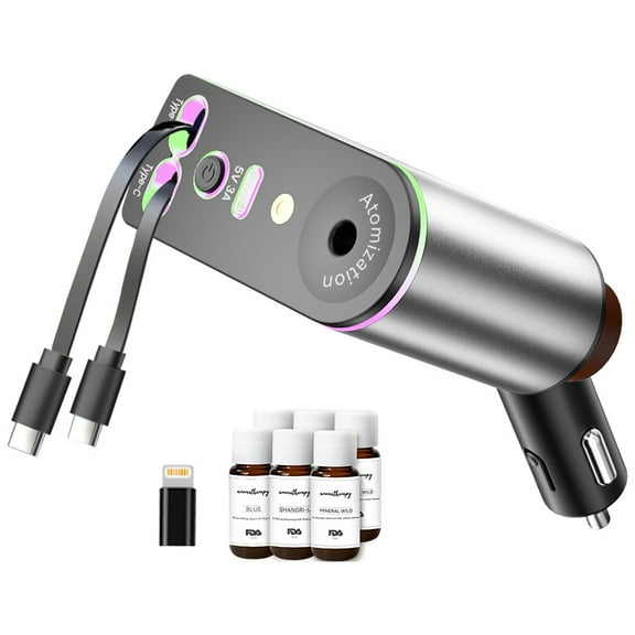 Retractable Car Charger 5 in 1 power adapter, starlight car charger with Car Aromatherapy, 45W car phone charger USB C Fast Charging for iPhone 16 15 14 & Android