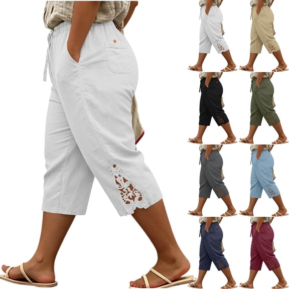 Women's Plus Size Casual Solid Lace Trim Drawstring 3/4 Pants, Cotton Linen Blend Summer Capris, Soft Elastic Waist Side Pockets, Lightweight Breathable for Work Walking | TruHer,Army Green L