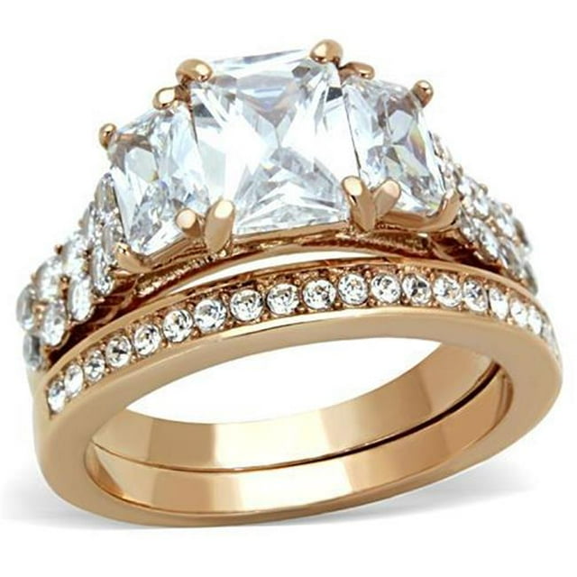 Women IP Rose Gold Stainless Steel Ring with AAA Grade CZ in Clear - Size 9