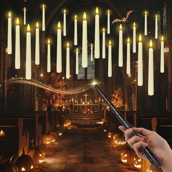 Flameless Floating Candles with Wand,12 Pcs Magic LED Hanging Taper Candles,Flickering Battery Operated Taper Candle with Wand Remote for Halloween Decorations Best Gift