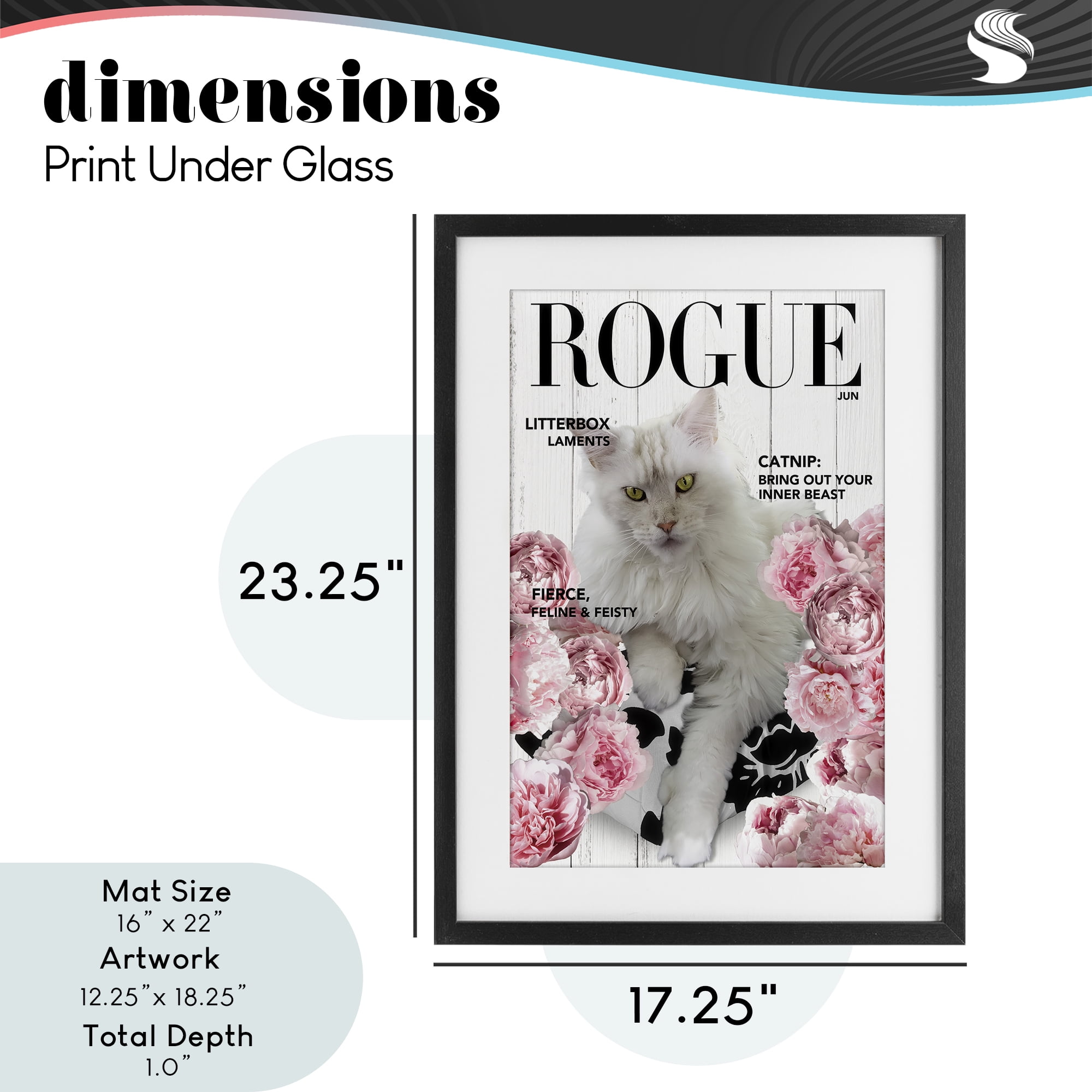 Funny Floral Cat Magazine Black Framed Print Under Glass, design by Sasha
